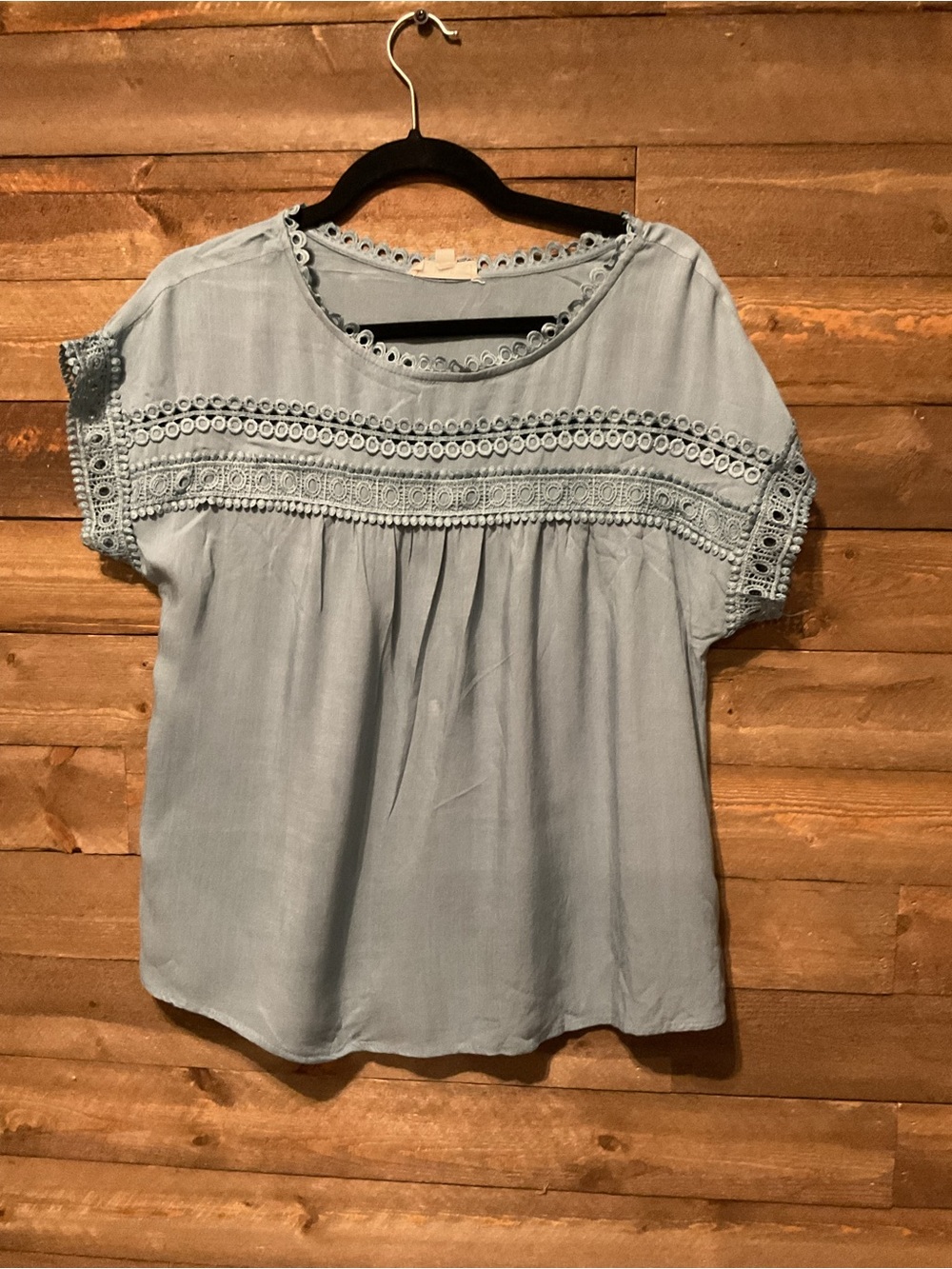 Women’s MINE Bluish Gray Short Sleeve Crochet Lace Top Size Medium